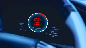 Low battery warning light on instrument panel of EV electric vehicle