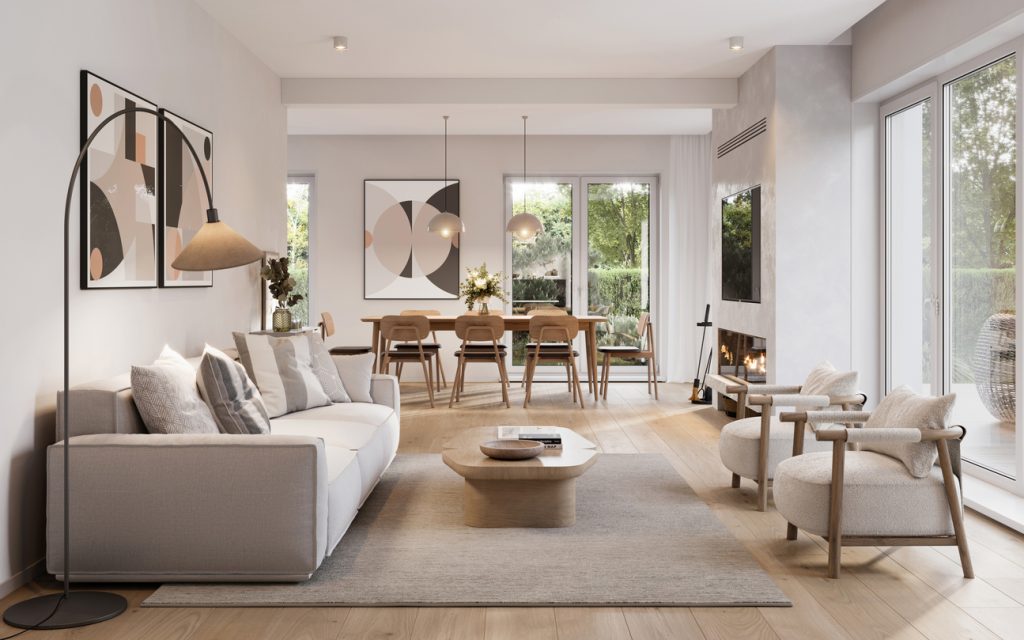 3d render of a contemporary living room interior