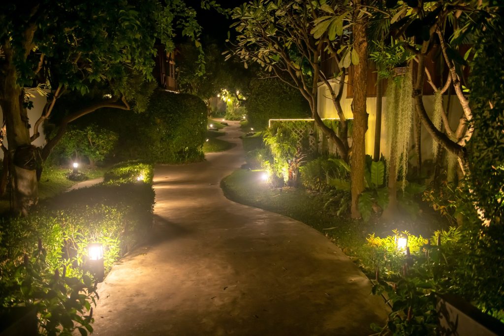 Photo of interesting and functional yard decoration ideas: a winding footpath illuminated by small lights.